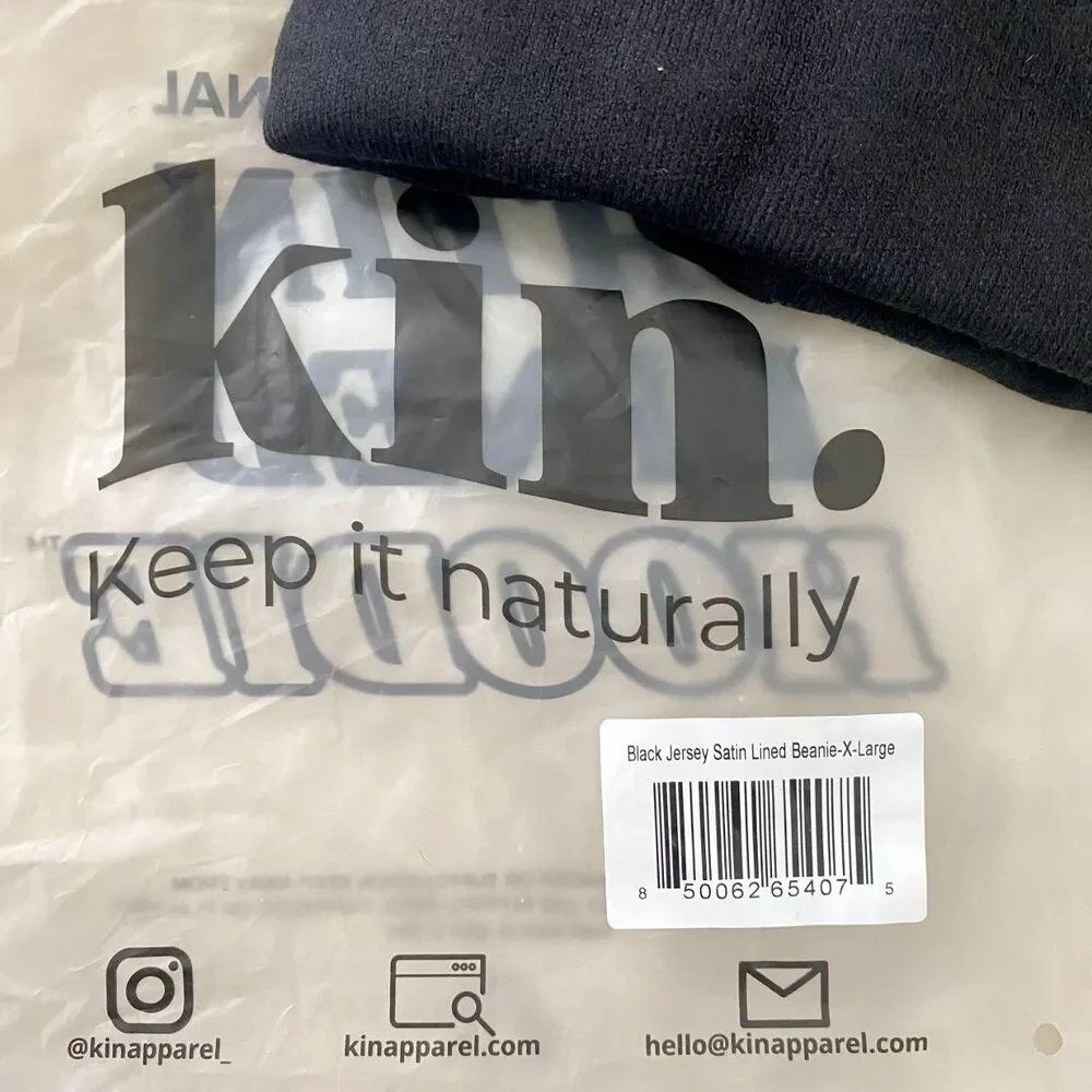 New KIN keep it Natural Black Jersey Satin Lined Beanie Size XL